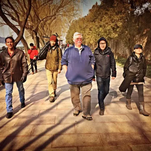 Author Lance Hoovestal walking with the team
